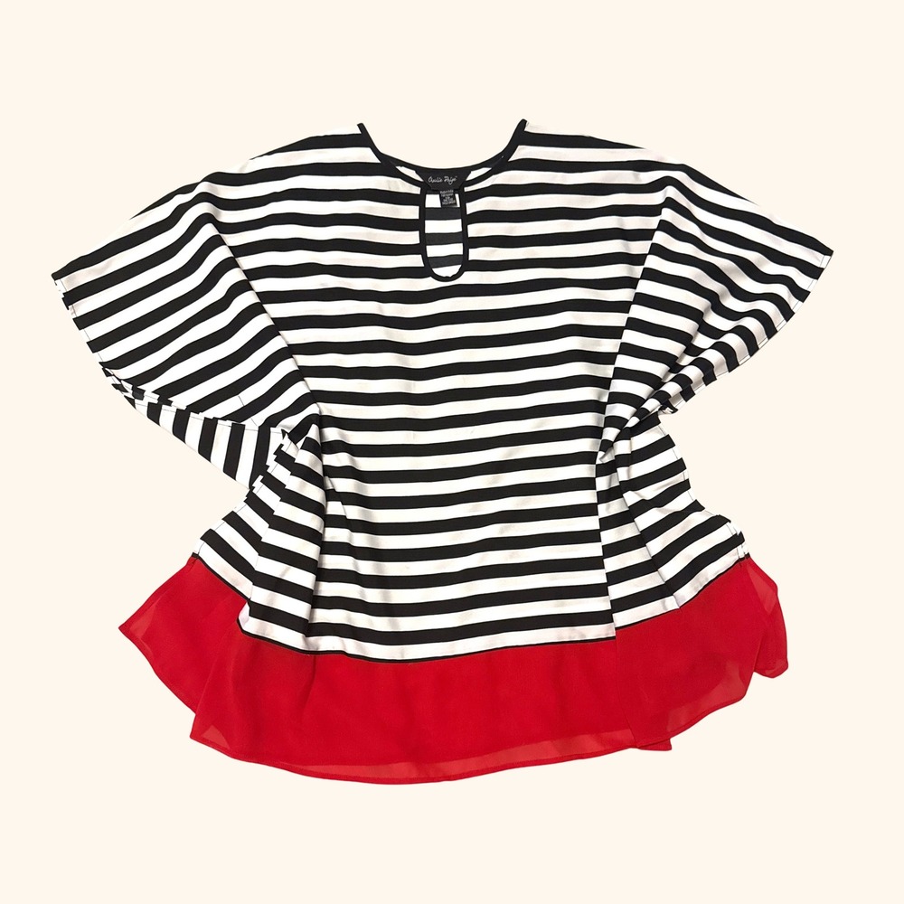 Charlie Paige Women One Size Striped Poncho Blouse Red Ruffle Hem Keyhole Top